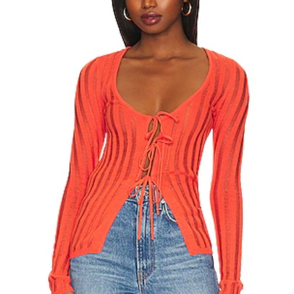 h:ours Marissa sheer rib cardi with ties in tangerine/ size small